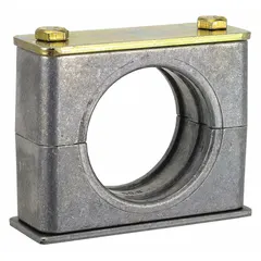 Steel clamp with aluminum cushion for securing and dampening vibration on single lines. The ribbed bore design reduces noise and wear in piping systems. Suitable for hydraulic, pneumatic, or fluid lines in industrial applications.