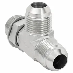 This steel hydraulic hose adapter is a rigid tee with male x male x male connections. It features 1 1/4 in x 1 1/4 in x 1 1/4 in fitting sizes and ORB x JIC x JIC connection types. Used in hydraulic circuits to split flow or combine lines, common in mobile equipment and industrial machinery requiring leak-resistant connections.
