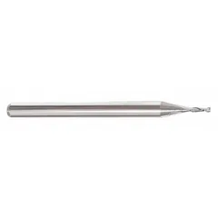 This 2-flute carbide square end mill features a 3/64" cutting diameter, 3/8" length of cut, and 2-1/2" overall length. The pencil-neck design provides clearance for deep cavity machining and access to tight areas. Suitable for slotting, profiling, and contouring in hard materials.