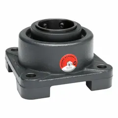 Flange-mount spherical roller bearing with a 1 1/2 in cylindrical bore, cast iron square housing (not split), and set screw shaft locking. Lubricated with LC-2 Lithium Complex Grease. Requires 1/2 in mounting bolts. Supports heavy radial and moderate axial loads in industrial machinery such as conveyors, fans, and material handling equipment.