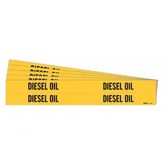 Yellow adhesive pipe marker with black legend reading 'Diesel Oil'. Fits pipe outer diameters from 3/4 to 2-3/8 inches. Pack includes 4 markers without directional arrows. Used for identifying diesel oil lines in industrial piping systems.