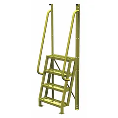 This steel platform ladder provides a stable elevated work surface for maintenance, assembly, and warehousing tasks. It measures 30 inches wide by 20 inches deep, with a yellow painted finish. The ladder is suited for industrial environments where safe access to overhead equipment or storage is required.