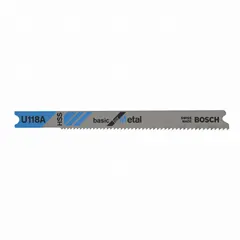 Bi-metal jigsaw blade with high-speed steel teeth for cutting thin metal. Features a U shank and 3-1/8 in length. Suitable for sheet metal, ductwork, and similar applications. Sold in a pack of 5.