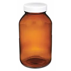 These amber soda lime glass bottles feature a wide mouth and 53-400 mm neck finish, suitable for collecting, storing, and transporting liquid or solid samples. The amber color provides protection for light-sensitive contents. Each bottle has an 80 mm body diameter and a 500 mL capacity. Sold as a case of 12 bottles; caps and liners are not included.