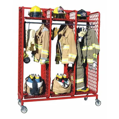 GROVES Turnout Gear Storage Rack: Mobile, 2 Sides, 6 Compartments, Steel, Red - Mobile Turnout Gear Racks