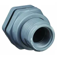 This CPVC through-wall fitting has a 2 in female socket and a 2 in flange diameter, with an FKM gasket. It is used for creating leak-resistant connections through tank walls in fluid handling systems