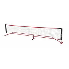 This portable net set features a powder coated steel frame for corrosion resistance. The net height adjusts from 33 to 63 inches, suitable for badminton, volleyball, and other net games. Designed for easy setup and takedown on grass or hard surfaces.