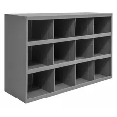 This steel shelving unit features 12 fixed-size compartments with a lipped front to prevent items from sliding out. The gray powder-coated finish provides a durable surface suitable for industrial environments. Commonly used in warehouses, workshops, and maintenance areas for organizing small parts, tools, or documents.