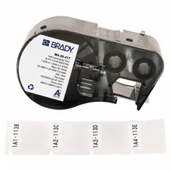 Precut wraparound label cartridge for cable, wire, and small cylindrical surface identification. Self-extinguishing vinyl material with white matte finish. Contains 260 labels per cartridge. Compatible with M511 printer series.