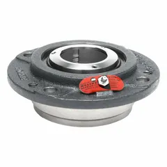 This flange-mount spherical roller bearing features a 2 11/16 in cylindrical bore and a cast iron housing that is not split. It has an overall length of 8 3/4 in and uses 5/8 in mounting bolts. Pre-lubricated with LC-2 Lithium Complex Grease, it is designed for inch-system applications requiring support of heavy radial and moderate axial loads.
