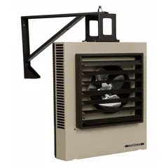 This MARKEL unit heater is designed for suspended wall or ceiling mounting in commercial and industrial spaces. It operates on 208 V AC, single or three-phase power, and measures 24-5/16 inches high by 21-1/2 inches wide by 6-1/2 inches deep. The fan-forced design circulates warm air for effective heating in areas such as warehouses, workshops, and factories.