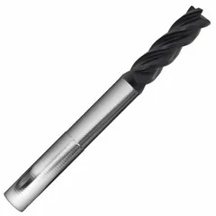 This carbide square end mill features a reduced-neck design for deep-pocket milling and an AlCrN coating for heat resistance. With 4 flutes, a 3/8" mill diameter, 1/2" length of cut, and 4" overall length, it is suited for high-performance machining of stainless steel and super alloys in applications such as aerospace and medical component manufacturing.
