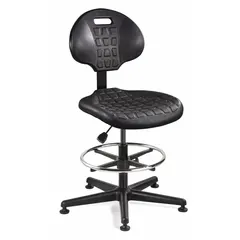 Armless drafting chair with a black nylon frame and plastic seat. Seat width 18 1/2 in, seat depth 17 in. No tilting back. Suitable for use at drafting tables and workstations where armless mobility and a compact seat are required.