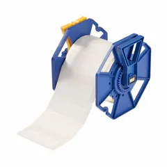 Acrylic permanent adhesive label roll with inkjet print-receptive material. Each label measures 1 in x 3 in, supplied in rolls of 800. Designed for use with Brady J7300 printer series. Suitable for industrial identification and labeling applications such as asset tags, cable markers, and safety signs.