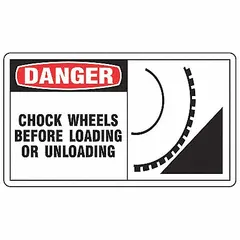 Adhesive vinyl sign measuring 3 1/2 in x 5 in, 0.02 in thick. Sold in a pack of 5. Not retroreflective, not glow-in-the-dark, and without anti-slip surface. Used in loading docks and industrial areas to remind workers to chock wheels before loading or unloading.