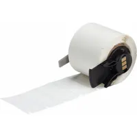 Vinyl wraparound label with black-on-white print, measuring 1-1/2 in by 3/4 in. Designed for wire gauges from 10 AWG to 4 AWG. Compatible with BMP71 printer series and requires M61-R6210 ribbon. Used for permanent identification of wires and cables in electrical panels and control systems
