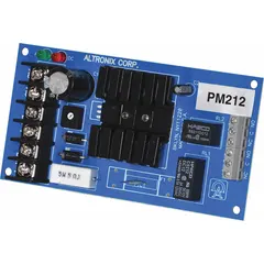 Linear power supply/charger with 16V AC input and 12VDC @ 1A output. Constructed on a phenolic/fiberglass board. Used for powering and charging low-voltage systems such as security and access control equipment.
