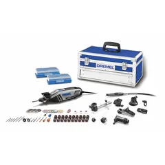 This DREMEL rotary tool kit includes a variable speed motor with 1.8 A current and a 1/8 in collet. It comes with one bare tool and eight assorted accessories. Suitable for cutting, grinding, sanding, polishing, and engraving on various materials.