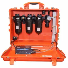 Battery-operated portable filtration panel for supplied-air respirator systems. Supports up to 8 users with 123 cfm air flow at 125 psi maximum pressure. Features a 1/2 in Industrial Interchange Inlet and includes a Remote Alarm Receptacle. Used in industrial environments requiring filtered compressed air for worker safety.