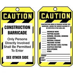 These yellow single-part safety tags are designed for barricade and construction work-in-progress applications. Each tag measures #7 size and features English text. The legend is printed on one side only. Fastener is not included. Sold in a pack of 25 tags.