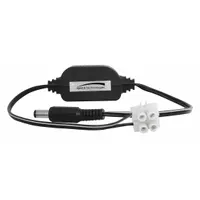 This power converter accepts a maximum input of 24V AC and provides a regulated 12V DC output. It features a DC plug connector and a 2-pin terminal block, with an overall height of 1 inch. Designed for use with video surveillance cameras requiring a stable 12V DC power supply