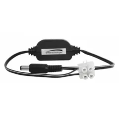 This power converter accepts a maximum input of 24V AC and provides a regulated 12V DC output. It features a DC plug connector and a 2-pin terminal block, with an overall height of 1 inch. Designed for use with video surveillance cameras requiring a stable 12V DC power supply.