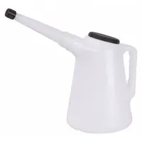 Polyethylene measuring container with flexible pour spout for controlled dispensing of fluids. White color, 9 7/32 in overall diameter. Suitable for measuring and transferring coolants, lubricants, and chemicals in maintenance and process operations