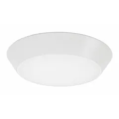 This 13-inch diameter LED flush mount light features an integrated LED producing 1898 lumens at 3000K color temperature. The white aluminum housing has a low profile of 2-1/2 inches height. It operates on 120V AC and consumes 28 watts. Suitable for general indoor lighting in hallways, offices, and rooms with low ceilings.