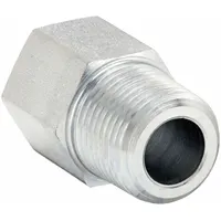 Steel adapter with 3/8 in male NPT threaded x female SAE threaded connections. Rated for maximum operating pressure of 4,500 psi. Used in high-pressure fluid systems to connect NPT to SAE threaded ports