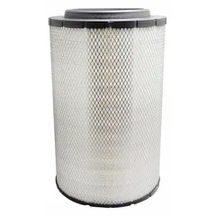 Round/oval engine air filter with radial seal design. Overall height 15 5/8 in. Compatible with John Deere vehicles. Used to remove airborne contaminants from intake air in agricultural and industrial equipment engines.