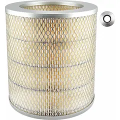 Engine air filter with round-oval shape and axial seal, 1/2-inch inside diameter. Designed for Yale & Towne vehicles. Traps airborne contaminants to protect engine performance in material handling and industrial applications.