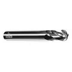 General purpose carbide ball end mill with 4 flutes, 1/8" mill diameter, 3/4" length of cut, and 3" overall length. Used for contouring, slotting, and profiling in metalworking and mold-making, creating smooth curved surfaces and 3D contours on materials such as steel and aluminum.