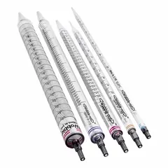 This 25 mL serological pipette is made of polystyrene and is sterile, individually wrapped for single-use applications. It features 0.2 mL graduation increments for precise liquid measurement and transfer in laboratory settings such as cell culture, media dispensing, and reagent handling.