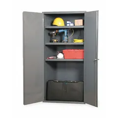 Welded steel cabinet with powder-coated gray finish. Stationary frame with three adjustable shelves. Swing handle with keyed lock for secure storage. 14-gauge panel thickness. Suitable for organizing tools, parts, and supplies in industrial settings.