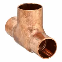 This wrot copper bulkhead tee features three cup connections for soldering to copper tube. The bulkhead design allows the fitting to pass through a tank or vessel wall while connecting branches. It joins 1 in CTS and 1-1/2 in CTS copper lines in plumbing or HVAC systems