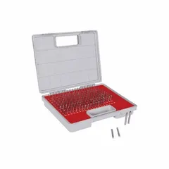 This set of uncoated tool steel pin gauges covers diameters from 0.833 in to 0.916 in in 0.001 in increments. Designed for no-go gaging, the ZZ tolerance class with minus tolerance ensures holes do not exceed maximum allowable size. Used in quality control for verifying hole dimensions in machined parts.