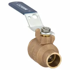 Bronze ball valve with sweat connections for copper pipe installation. Full-port design minimizes pressure drop. Two-piece body allows for inline service. Lever handle provides visual indication of valve position. Suitable for on/off flow control in water, oil, and gas applications.