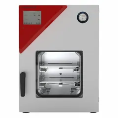 This BINDER vacuum oven provides a 0.85 cu ft capacity with a maximum temperature of 110°C and 0.9 kW power. It is used for gentle drying, degassing, and curing of heat-sensitive materials in a low-oxygen environment, common in laboratory and industrial processes requiring precise temperature control.