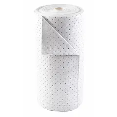 This white polypropylene sorbent roll is 150 ft long and 30 in wide. It is used for absorbing industrial spills, leaks, and drips in maintenance, manufacturing, and facility operations. Suitable for containing liquids in workshops, loading docks, and production areas.