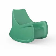 Freestanding rocking chair with a green polyethylene seat and included arms. The sand door facilitates debris removal. Meets UL 94 HB and ISO 22196 standards. Suitable for outdoor or industrial break areas.