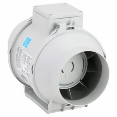 This inline duct fan is designed for moving air through 5-inch ducts in ventilation systems. It features a thermoplastic IP44 housing, a single-speed 120V AC motor rated at 38 W, and is speed controllable. The unit includes a mounting bracket and is suitable for exhaust or supply applications in residential or light commercial settings.