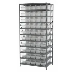 This metal stationary bin shelving unit features a gray steel frame with 11 shelves and includes 50 clear polymer open-front shelf bins, each measuring 6 in x 6-5/8 in x 23-5/8 in. Designed for organized storage of small parts and components in industrial environments, the clear bins allow for quick visual identification and easy access.