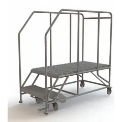 Steel platform with fixed height, 24 in x 47 in work surface, and 800 lb load capacity. Includes handrails and foot-activated step lock for secure positioning. Rolling casters provide mobility for maintenance, assembly, and material handling tasks.