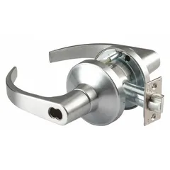 Classroom security lever lockset in satin chromium-plated die cast zinc finish. ADA compliant for accessible operation. Suitable for interior doors in educational facilities requiring secure locking functionality.