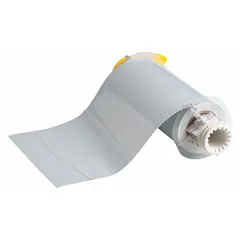 Thermal transfer continuous label roll, 7 in x 33 ft, polyester with silver gloss finish. Rated for indoor and outdoor use. Compatible with PowerMark Industrial printer series. Used for durable identification on equipment, assets, and facility signage.