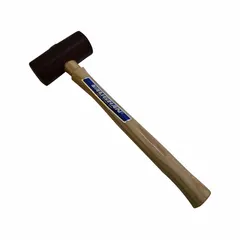 Round natural rawhide mallet with a wood handle. Head diameter 1 1/2 in, head length 3 1/4 in, head weight 6 oz, overall length 13 in. Used for striking chisels, punches, and forming tools without marring surfaces in woodworking, metalworking, and assembly applications.