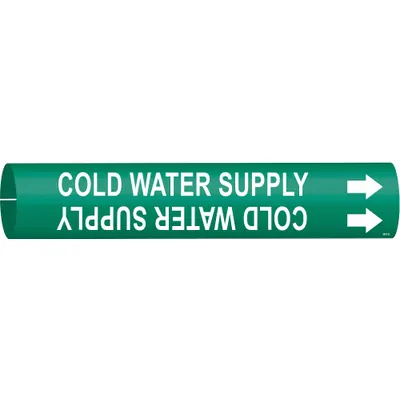 BRADY Pipe Marker: Cold Water Supply, Green, White, Fits 4 to 6 in Pipe O.D. - Cold Water Supply Snap-On Pipe Markers