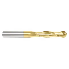 General purpose carbide ball end mill with titanium nitride (TiN) coating for increased wear resistance. Two-flute design with 5/8" mill diameter, 2-1/4" length of cut, and 5" overall length. Suitable for contouring, slotting, and 3D profiling in metal and composite materials.