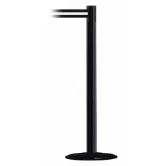 This pattern retractable belt post barrier features a black metal alloy post and a white belt with horizontal stripes and no legend. The belt extends up to 13 ft and retracts automatically. The base is cast iron. Used for managing pedestrian flow, cordoning off restricted areas, and creating temporary queue lanes.