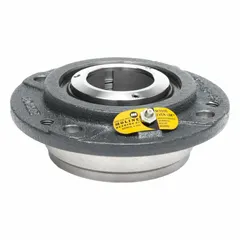 This flange-mount spherical roller bearing features a 2 7/16 in cylindrical bore and a cast iron housing with a concentric collar. It is lubricated with LC-2 Lithium Complex Grease and requires a 1/2 in mounting bolt. Suitable for supporting heavy radial and moderate axial loads in industrial machinery such as conveyors, fans, and material handling systems.